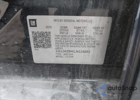 2018 Chevrolet Sonic Ls Manual из США, поврежденный, VIN 1G1JA5SH1J4116263